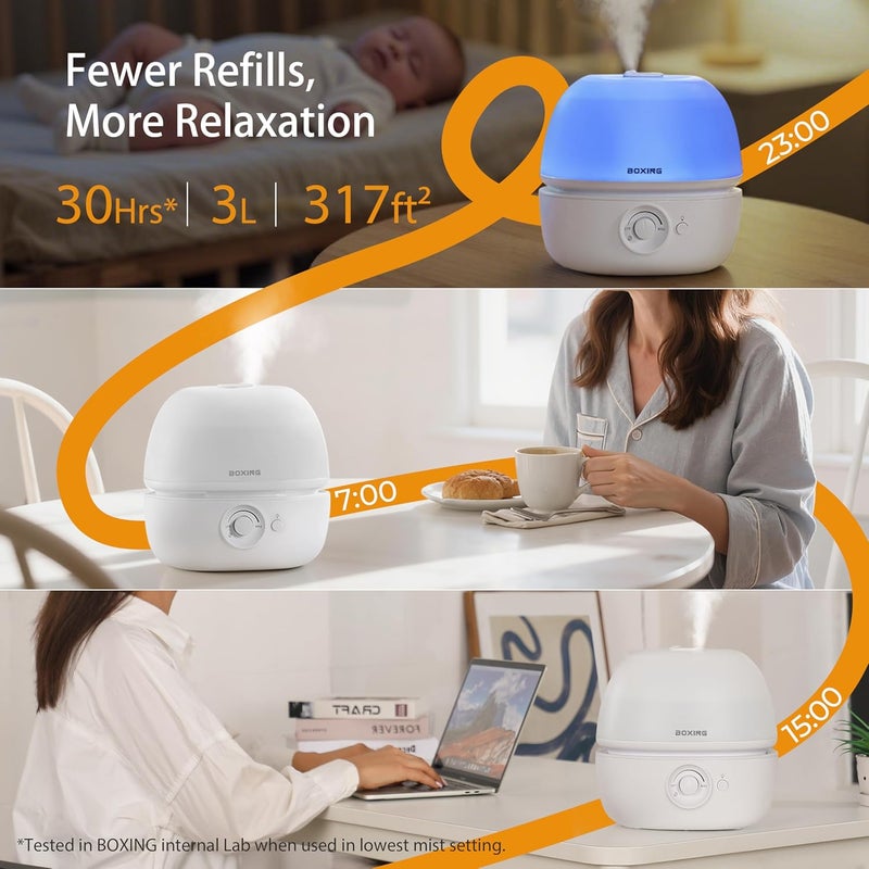 Boxing 3L Top Fill Humidifiers for Bedroom Baby, 20dB Quiet Air Humidifier for Large Room & Indoor Plants with Optional Night Light, Cool Mist Diffuser for Home, Essential Oil Tray, BPA-Free,White,30H - Image 2